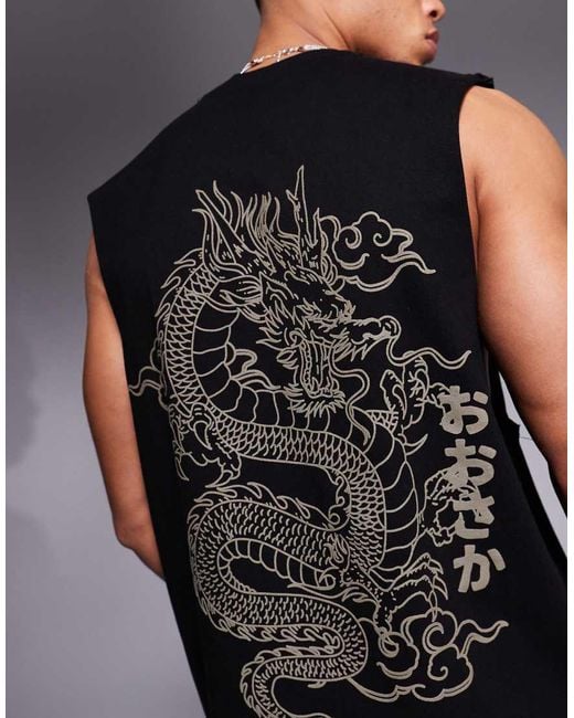 River Island Blue Japanese Dragon Back Print Tank for men