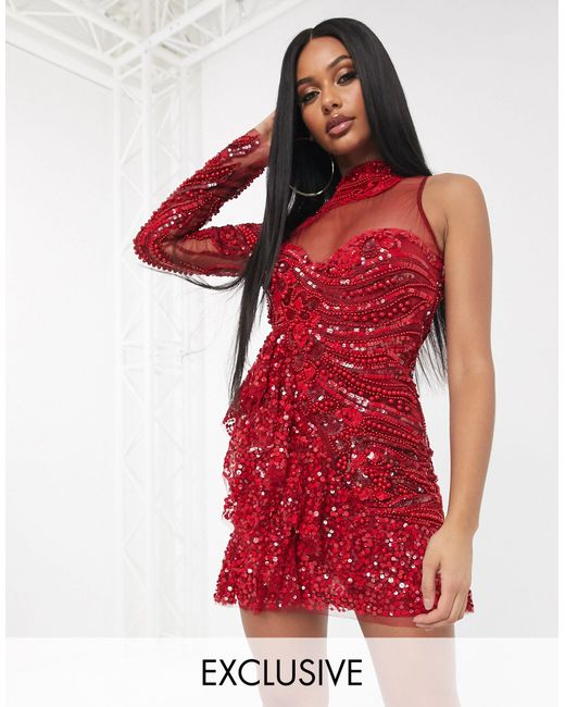 A Star Is Born Red Exclusive One Shoulder Embellished Mini Dress With Ruffle Detail