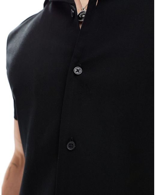 ASOS Black Short Sleeve Deep Revere Muscle Viscose Shirt for men