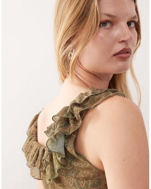 Reclaimed (vintage) Brown Ruffle Detail Mesh Paisley Print Top