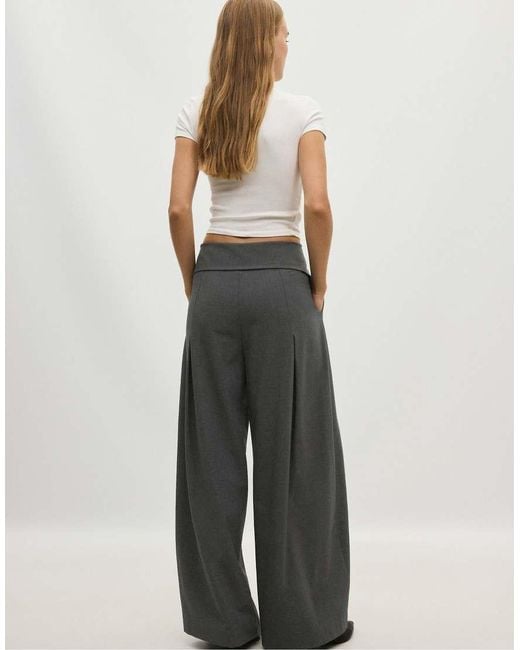 Stradivarius Gray Wide-Leg Trousers With Turned-Up Waistband