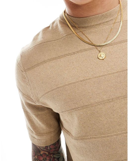Threadbare Natural Knitted Textured Stripe T-shirt for men