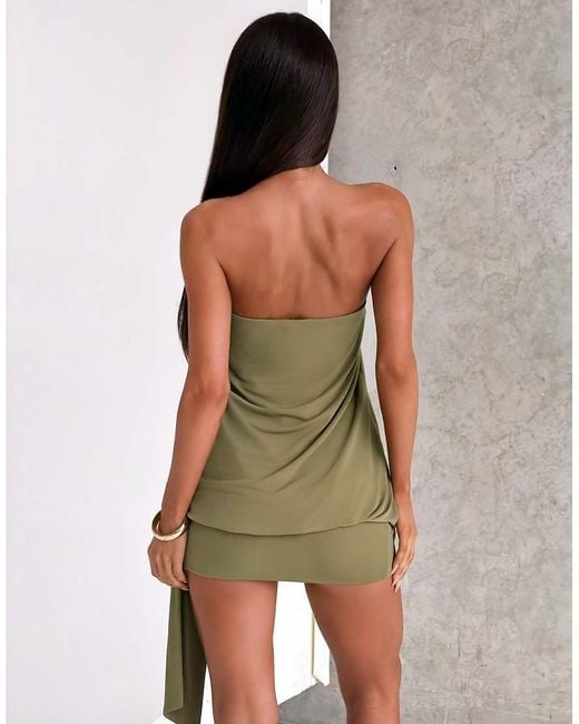 Tiger Mist Green Ravenna Bandeau Jersey Eyelet Detail Cinched Skirt Drape Detail Mini Dress
