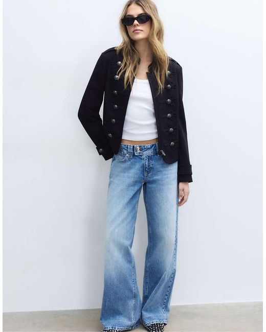 Stradivarius Blue Low-Rise Wide-Leg Jeans With Jewel Button