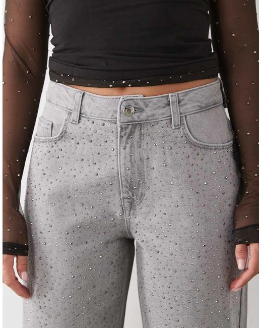 Noisy May Gray Jannel Rhinestone High Rise Loose Fit Jeans