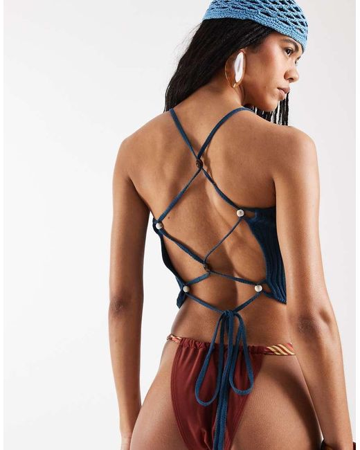 Reclaimed Vintage Blue Knitted Cami With Strappy Back Detail And Beads