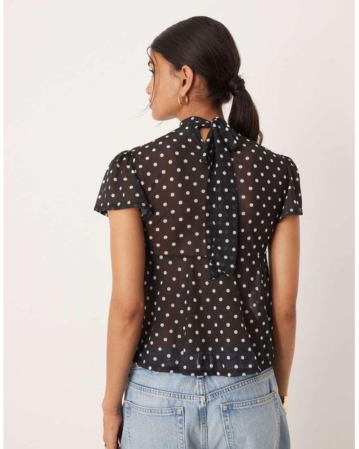 ASOS Black Floaty Mesh Flutter Sleeve Top With Tie Back Detail