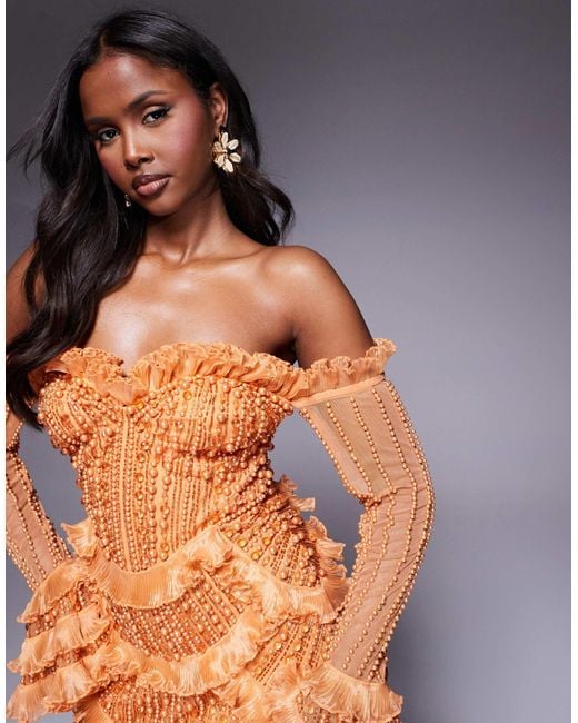 ASOS Gem Embellished Off The Shoulder Mini Dress With Scallop Hem in Orange  | Lyst