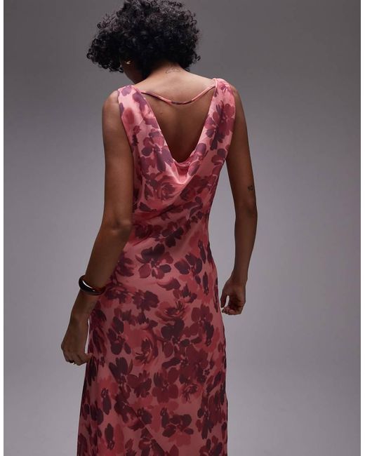 Vestito Lungo Strutturato A Doppio Strato A Fiori Con Scollo Ad Anello di TOPSHOP in Red