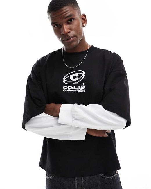 T-Shirt Squadrata Super Oversize Nera Con Maniche A Doppio Strato di ASOS in Black da Uomo
