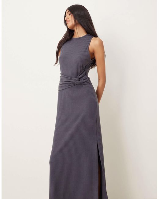 ASOS Gray Ribbed Sleeveless Racer Knot Waist Midi Dress