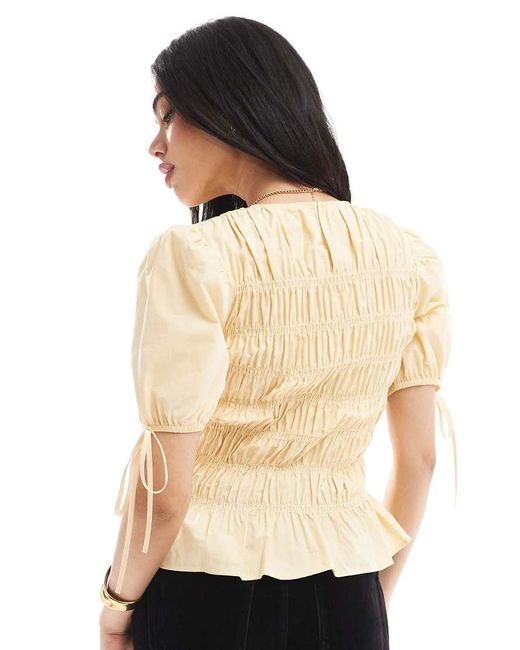 ASOS Top Met Pofmouwen En Smokwerk in het Natural