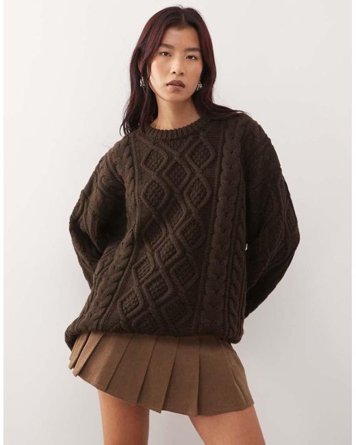 Lioness Brown Gigi Oversized Chunky Cable Knit Wide Sleeve Jumper
