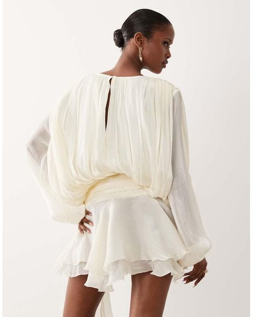 Lioness Natural Elements High Sheen Chiffon Drape Detail Balloon Sleeve Tie Waist Mini Dress