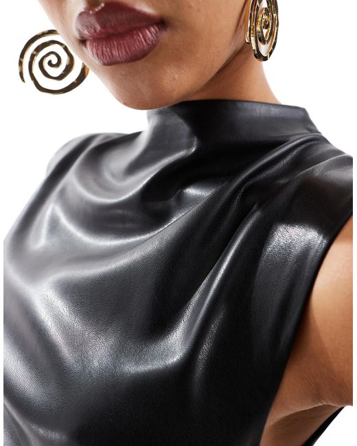 high neck faux leather dress Faux Leather Zip-Front Midi Dress | Built-In Shapewear main image 1