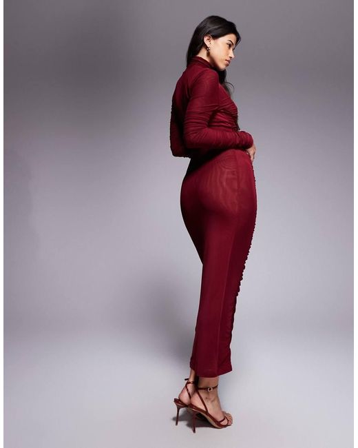 Ruched & Ready Red It Girl Sculpted Semi Sheer Mesh High Neck Bodycon Maxi Dress