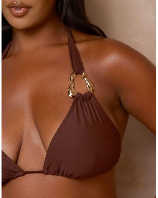 Moda Minx Curve Brown X Alessa Tyrrell-charles Triangle Bikini Top With Molten Hardware Detail