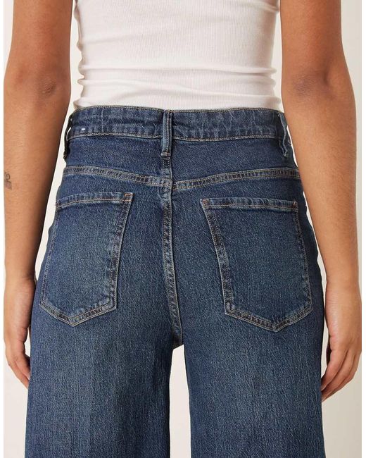 Mango Blue Elise Cotton Mix Pleat Front Wide Leg Jean