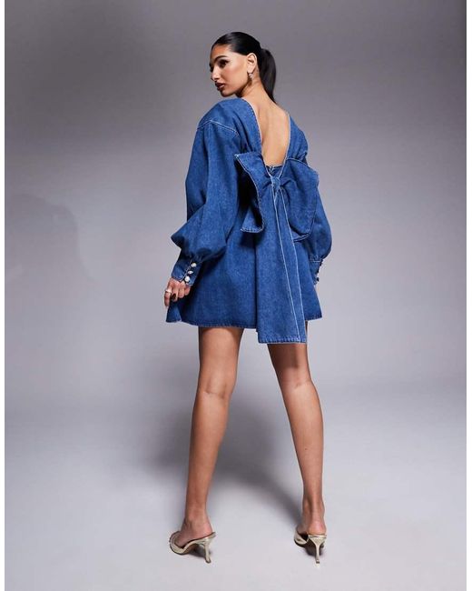 ASOS Denim Babydoll Mini-Jurk Met Lange Mouwen En Strik Op De Rug in het Blue