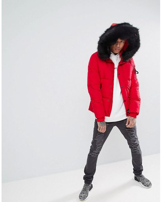 Sixth June Puffer Jacket In Red With Black Fur Hood for Men | Lyst