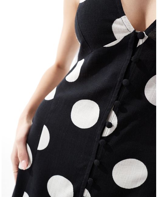 ASOS White Button Down Linen Midi Dress With Full Skirt Spot Print