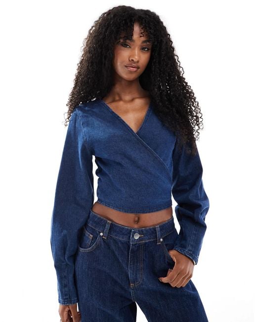 ASOS Blue Denim Long Sleeve Wrap Top With Pleat Cuff Detail