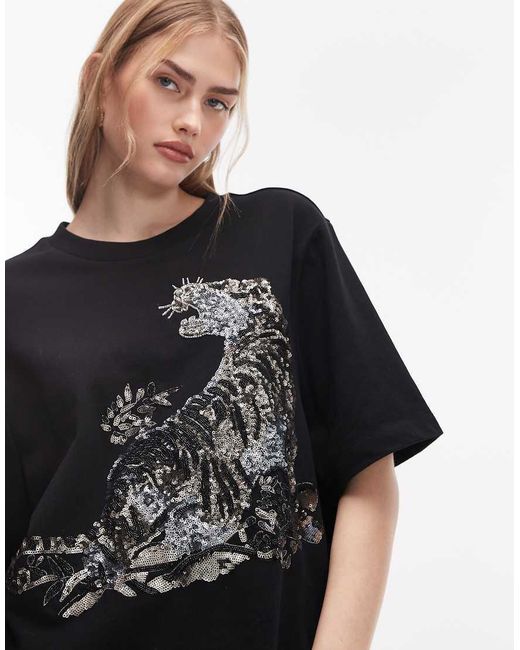 AllSaints Black Lisa Tiger Sequin Graphic T-Shirt