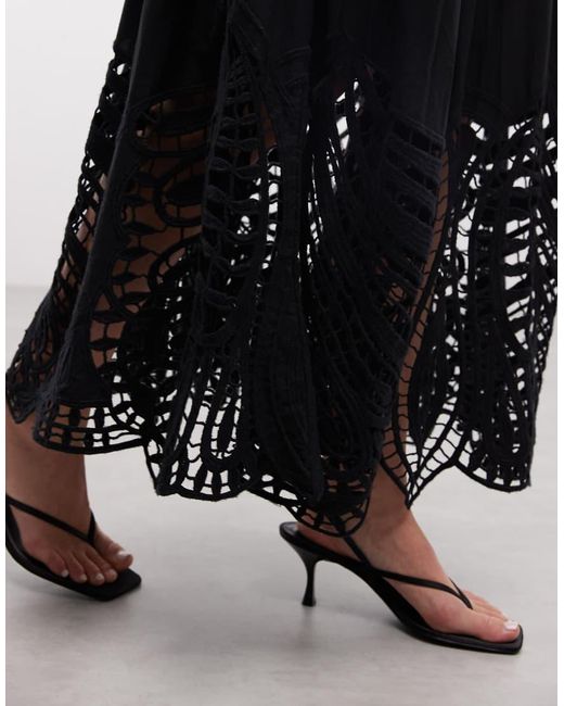 AllSaints Black Femi Leaf Cut Out Midi Skirt
