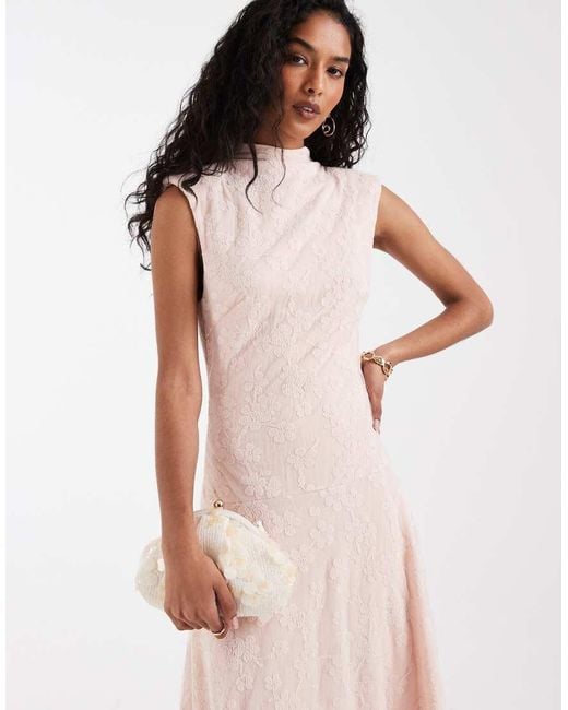 Pretty Lavish Pink Dropped Waist High Neck Textured Floral Maxi Dress