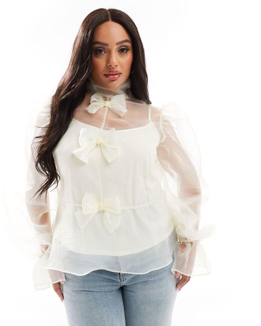 ASOS White Curve Organza Long Sleeve Top With Bow Detail And Cami