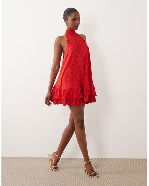 ASOS Red Plisse Halter Neck Mini Dress With Ruffle Hem
