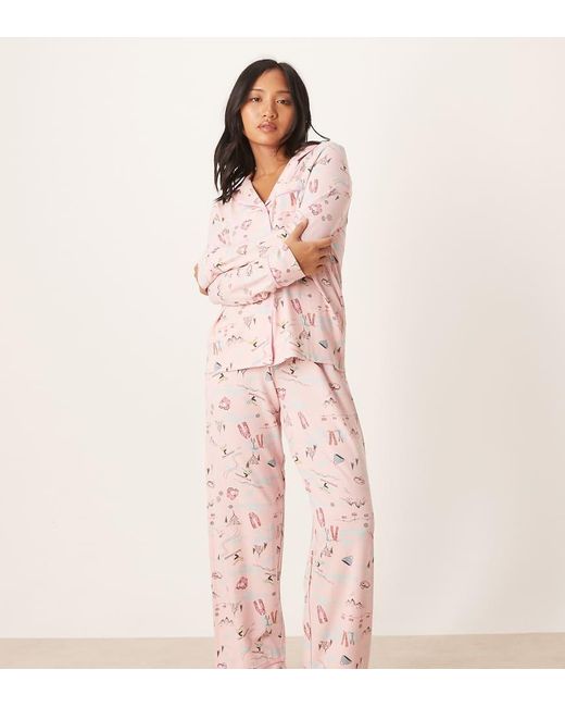 ASOS Pink Asos Design Petite Super Soft Long Sleeve Shirt & Pants Pyjama Set With Contrast Piping