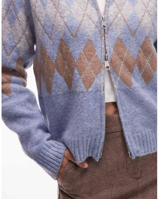 emory park Blue Argyle Zip Through Cardigan