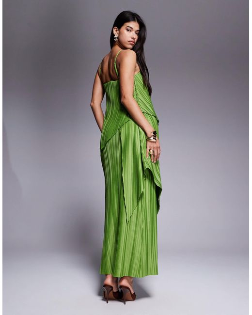 ASOS Green Premium Square Neck Plisse Double Layer Maxi Dress With Full Hem