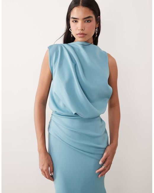 ASOS Blue Draped Structured Midi Dress With Split