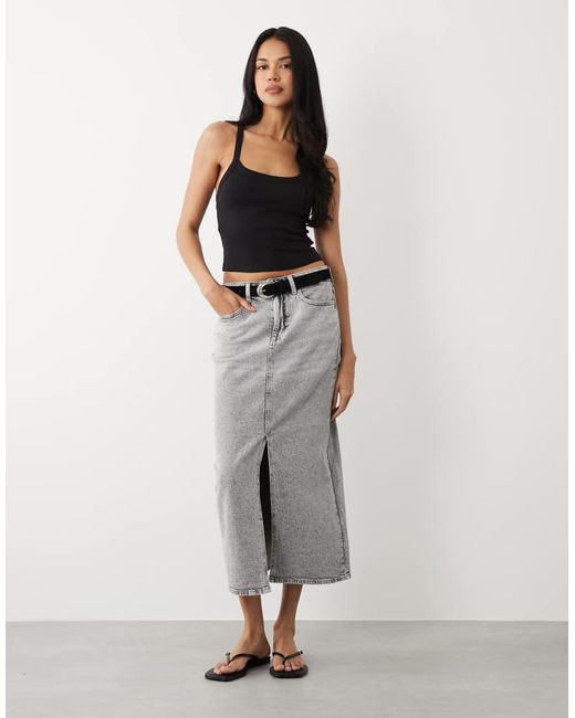 Vila Gray High Waisted Denim Front Split Midi Skirt
