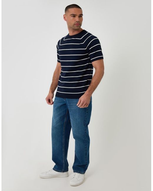 Threadbare Blue Textured Stripe Knitted T-Shirt for men