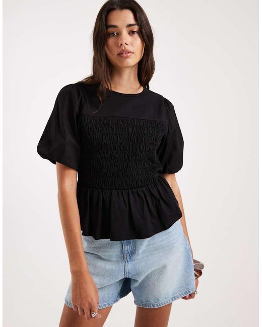 Threadbare Black Jersey Puff Sleeve Peplum Top With Shirring