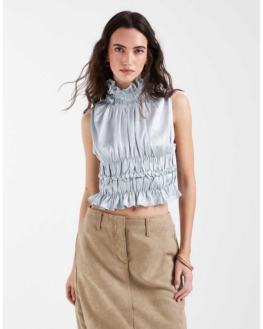 Muse Assembly Blue Ruffle High Neck Crop Shirred Top