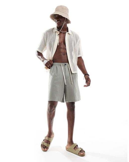 Pantalones Cortos Con Cordón Ajustable De Tejido Rico En Lino De Threadbare de hombre de color White