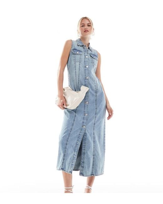 Vestido Largo Azul Vaquero Envejecido Sin Mangas Con Botones De Vero Moda de color Blue