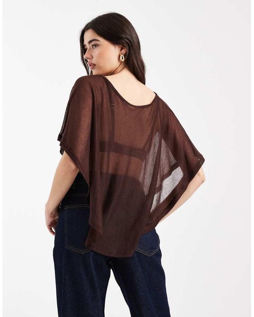 ASOS Brown Knit-Look Semi Sheer Slash Neck Cape Top