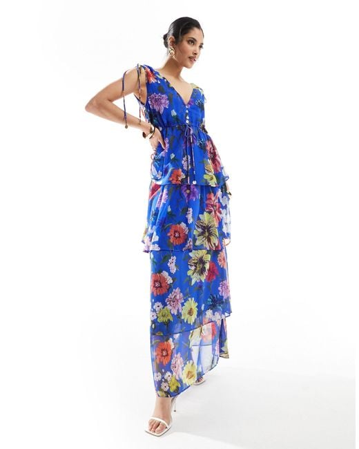 Hope & Ivy Blue Tie Shoulder Maxi Dress With Tiered Skirt