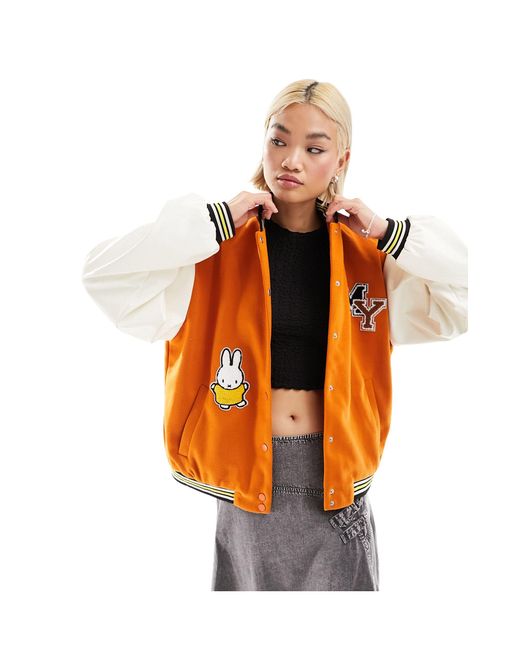 Daisy Street Orange X Miffy Oversized Varsity Jacket With Embroidery