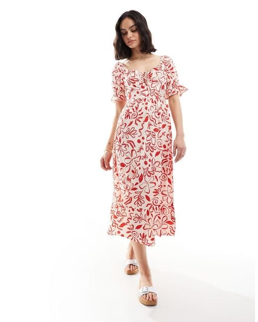 Wednesday's Girl Red Ditsy Print Milkmaid Puff Sleeve Midi Dress