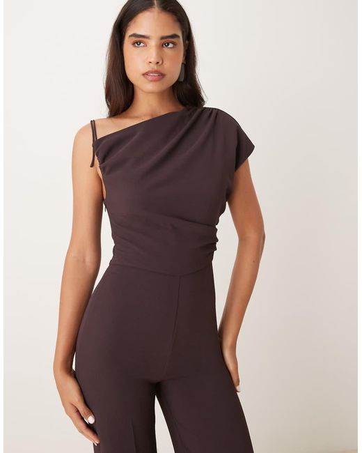 Mango Brown Asymmetric Ruched Waist Jumpsuit
