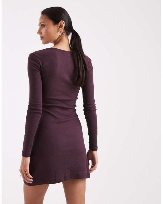 Brave Soul Purple Long Sleeve Jersey Mini Dress With Tie Front Detail