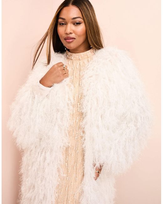 ASOS Curve Faux Feather Longline Duster Coat in Natural Lyst