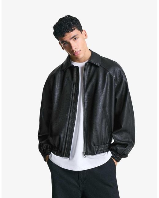 Bershka Gray Faux Leather Jacket for men