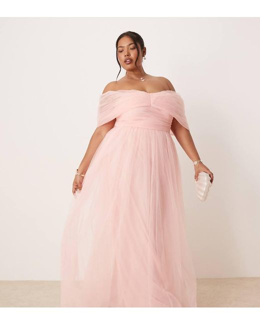 Lace & Beads Plus Pink Bow Off Shoulder Tulle Maxi Dress